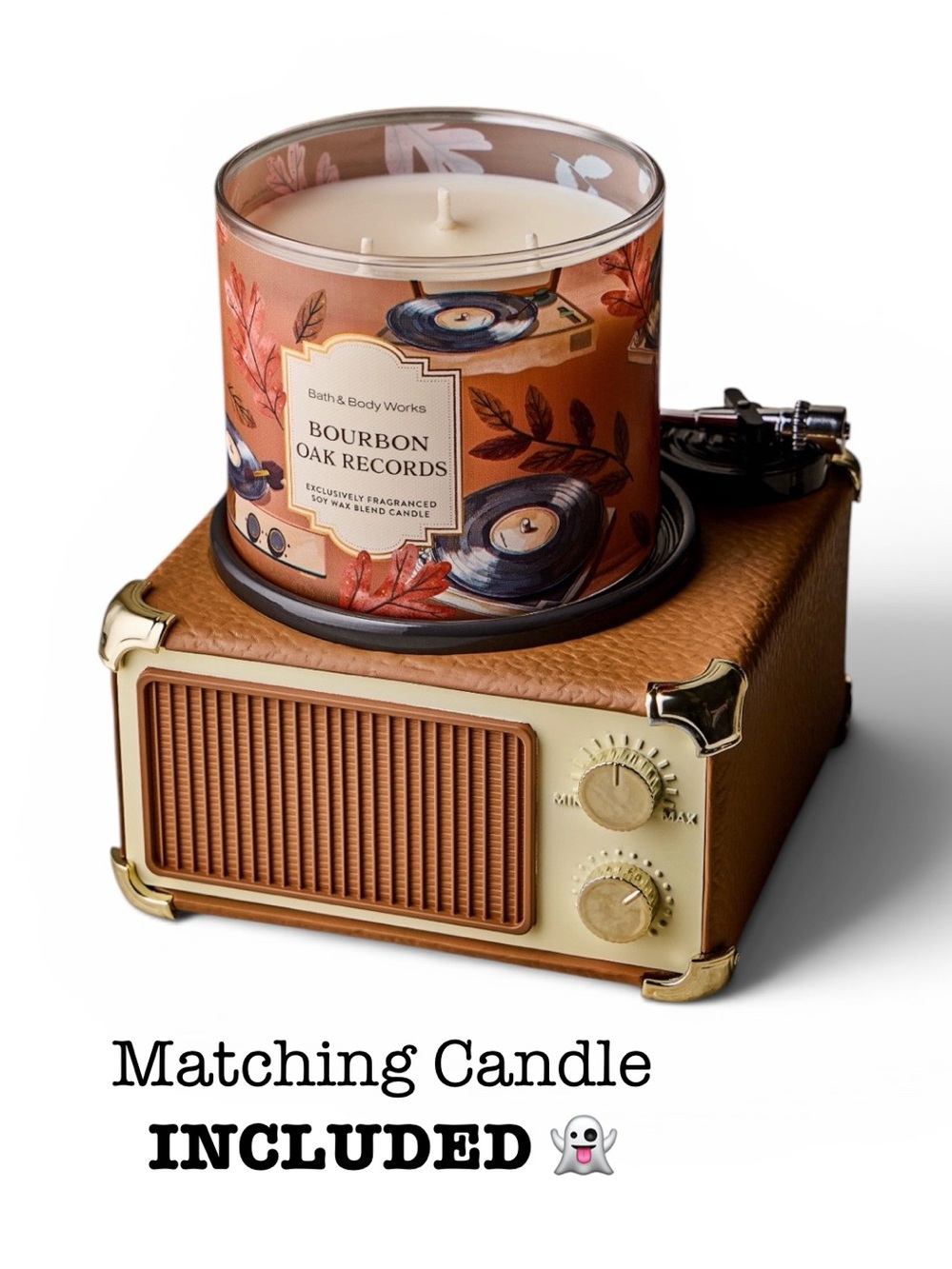 2-Pc BBW Vintage Record Player 3-Wick Candle Holder & Bourbon Oak Records Set